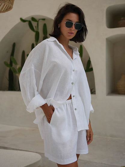 Shirt Outfit Summer Vacation Loose Long Sleeved Shirt Shorts Suit