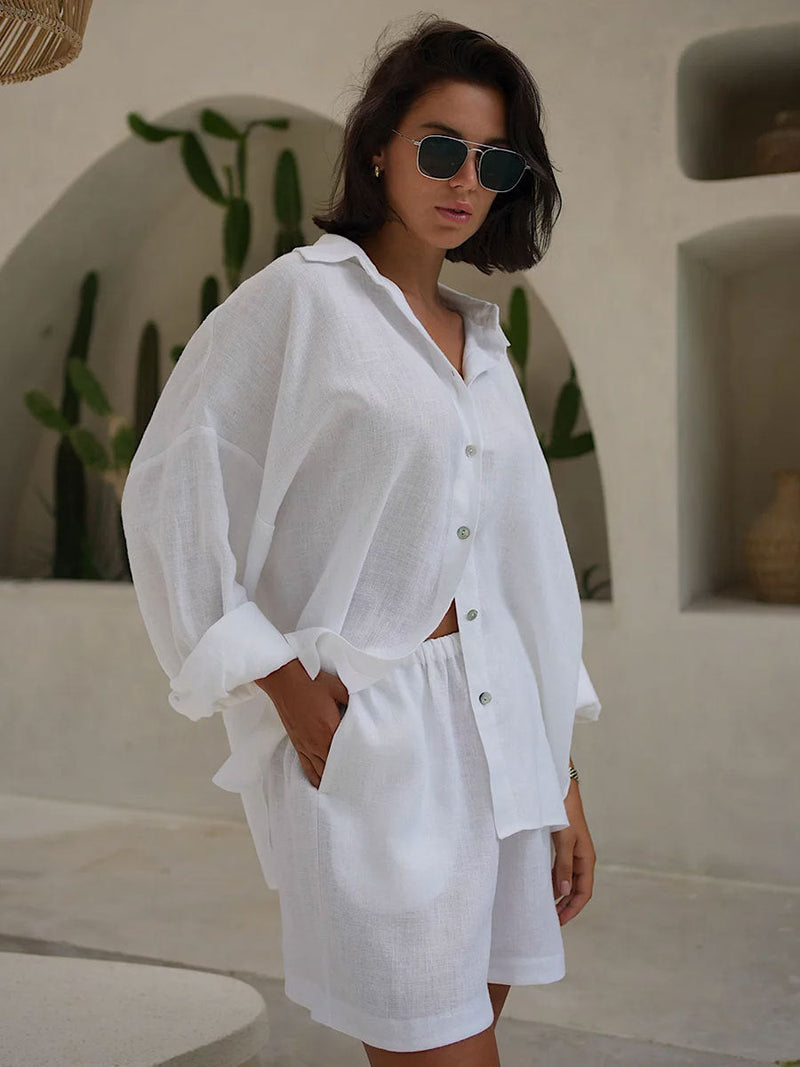 Shirt Outfit Summer Vacation Loose Long Sleeved Shirt Shorts Suit