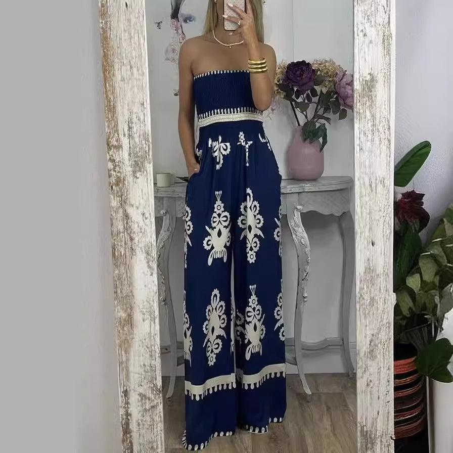 Street Hipster Wrapped Chest Printed Jumpsuit High Waist Pants
