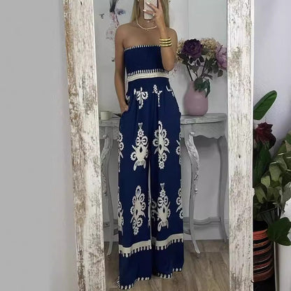 Street Hipster Wrapped Chest Printed Jumpsuit High Waist Pants