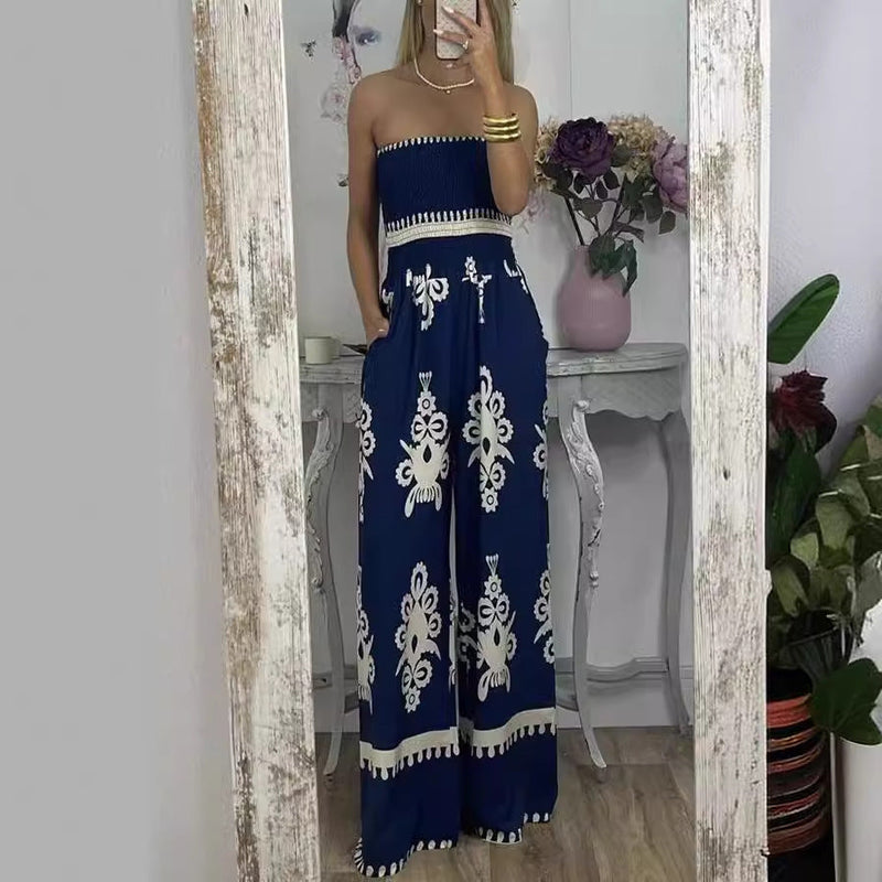 Street Hipster Wrapped Chest Printed Jumpsuit High Waist Pants