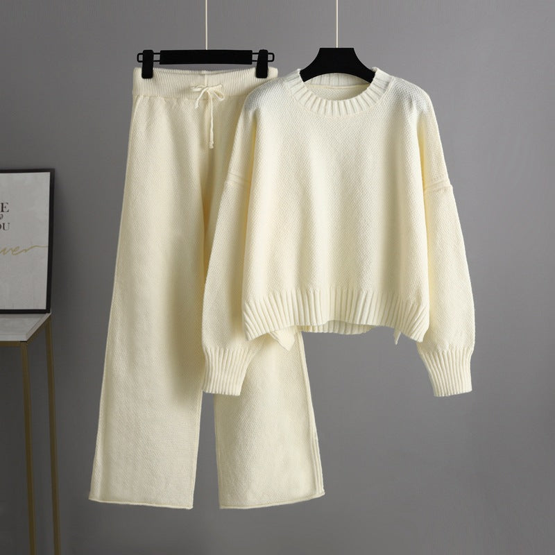 Autumn Winter Knitting Work Pant Korean Loose Sweater Wide Leg Pants Pants Two Piece Set