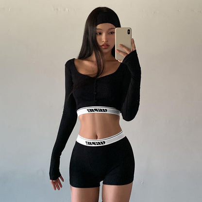 Clothing Tight Long Sleeves Cropped Shirt Top High Waist Shorts Sports Two Piece Seit