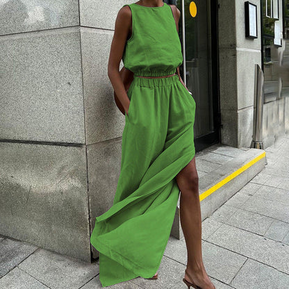 Cotton Linen Sleeveless Vest Split Wide Leg Pants Suit Spring Summer Two Piece Suit