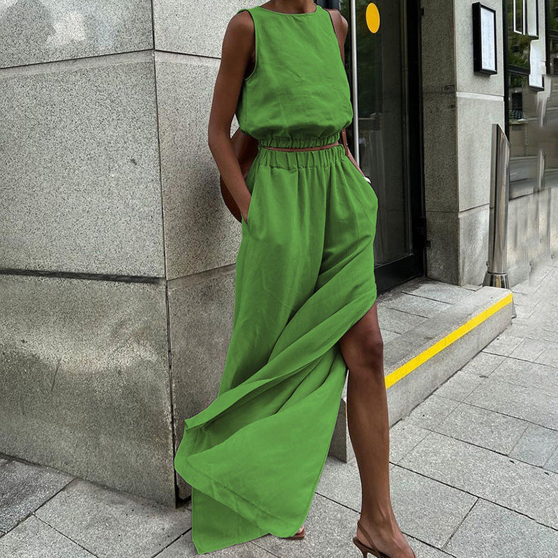 Cotton Linen Sleeveless Vest Split Wide Leg Pants Suit Spring Summer Two Piece Suit