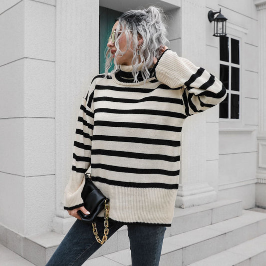 Popular Striped Bottom Slit High Collar Mid Length Loose Fall Winter Sweater
