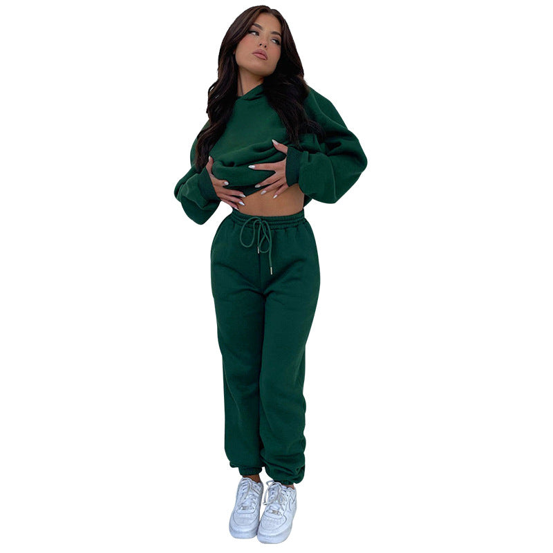 Autumn Winter Color Long Sleeve Hooded Fleece Lined Sweater Trousers Sets