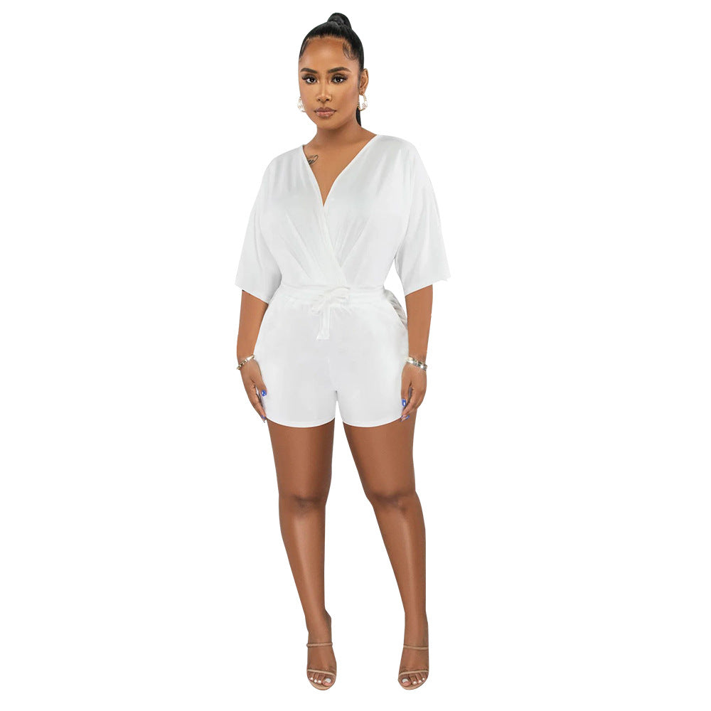 Color V Neck Fitted Waist Jumpsuit Shorts