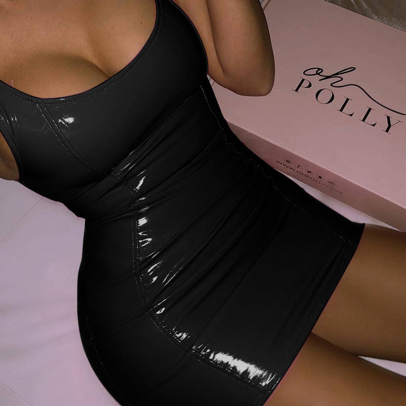Metallic Coated Fabric Faux Leather Color Sling Dress Tight Leather Sleeveless Leather Hip