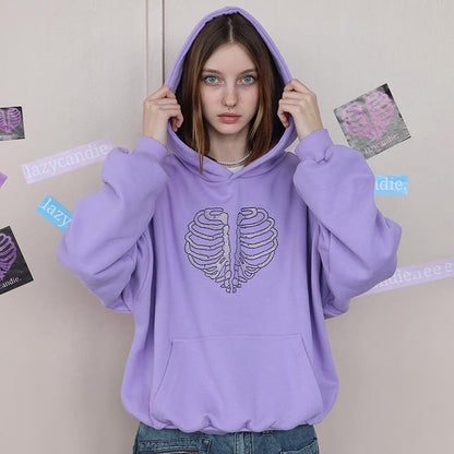 Skeleton Rhinestone Loose Hooded Sweatshirt Top Autumn Winter