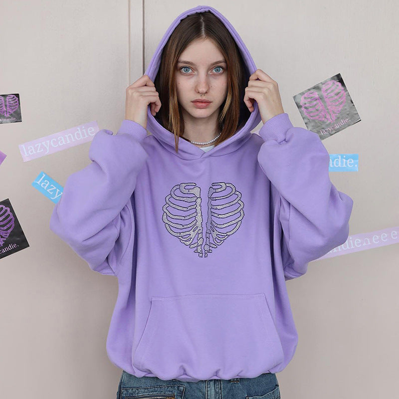 Skeleton Rhinestone Loose Hooded Sweatshirt Top Autumn Winter