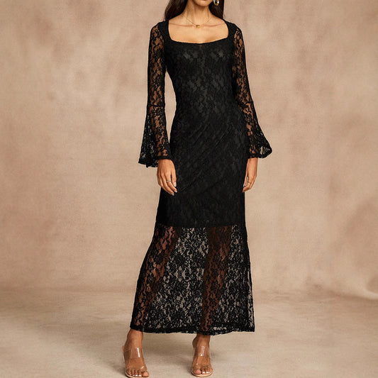 Spring Summer Autumn Lace Stitching Square Collar Bell Sleeve Maxi Dress