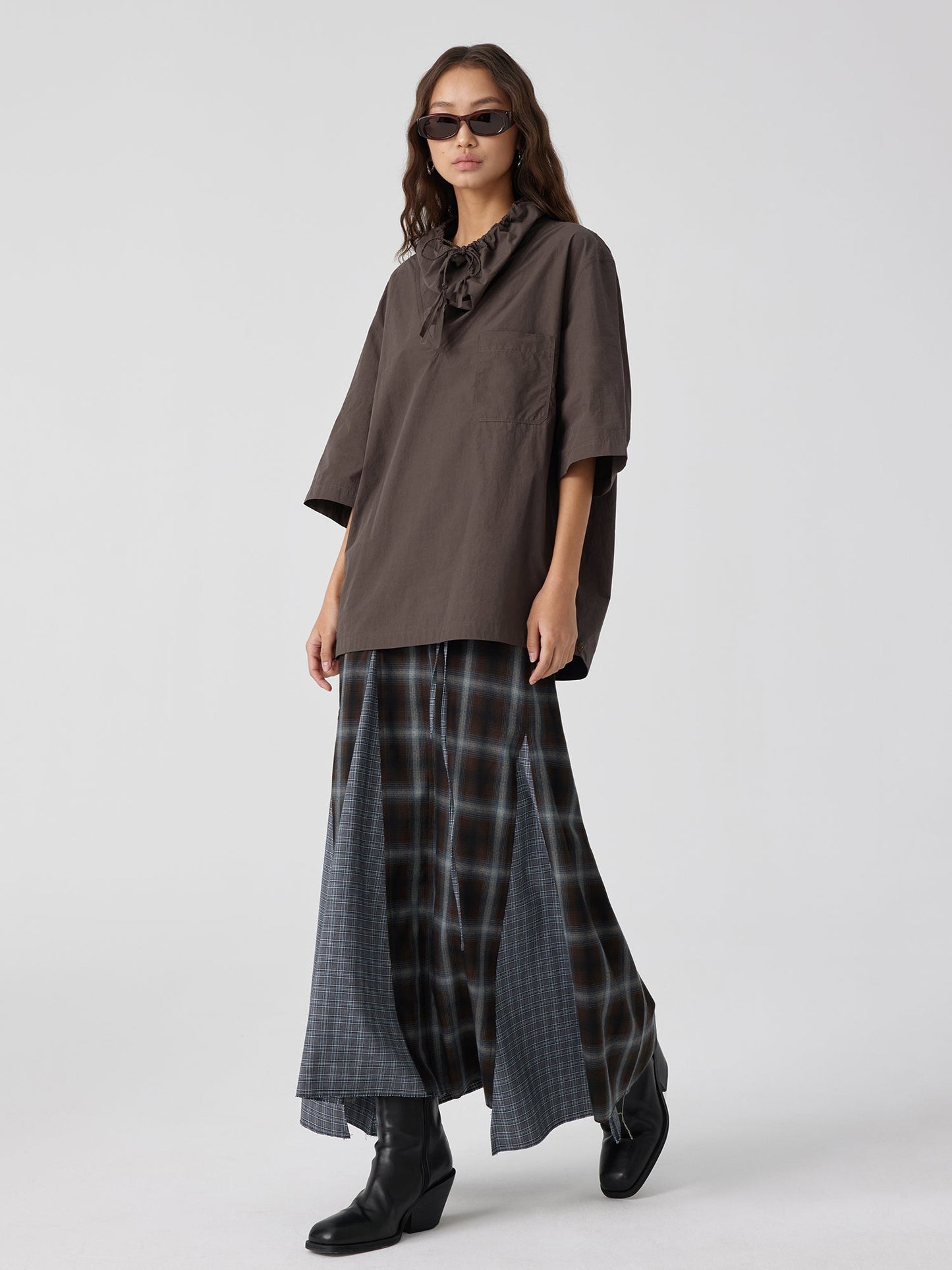 Plaid Asymmetric Panel Mermaid Long Skirt