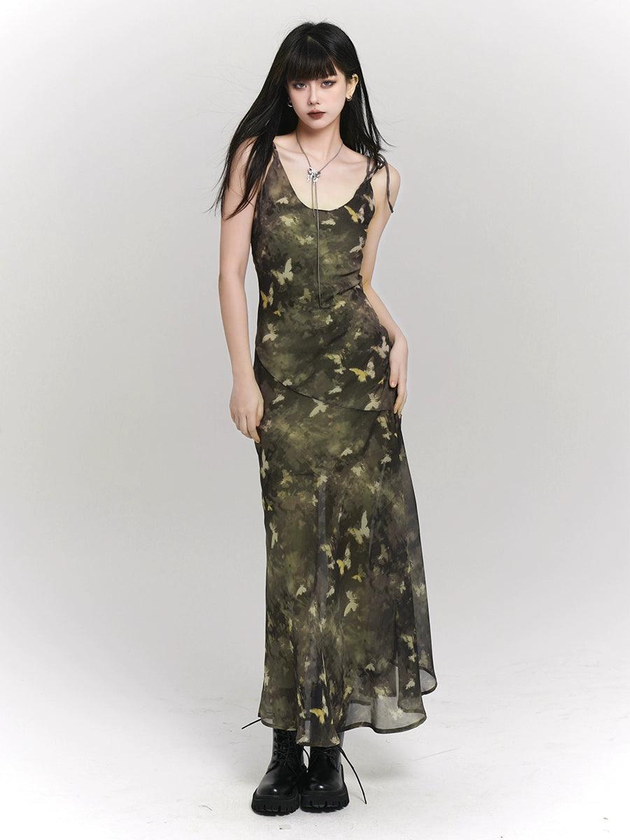 Ladyghost Woodland Whisper Maxi Dress - Camo-inspired Butterfly Print Slip Dress