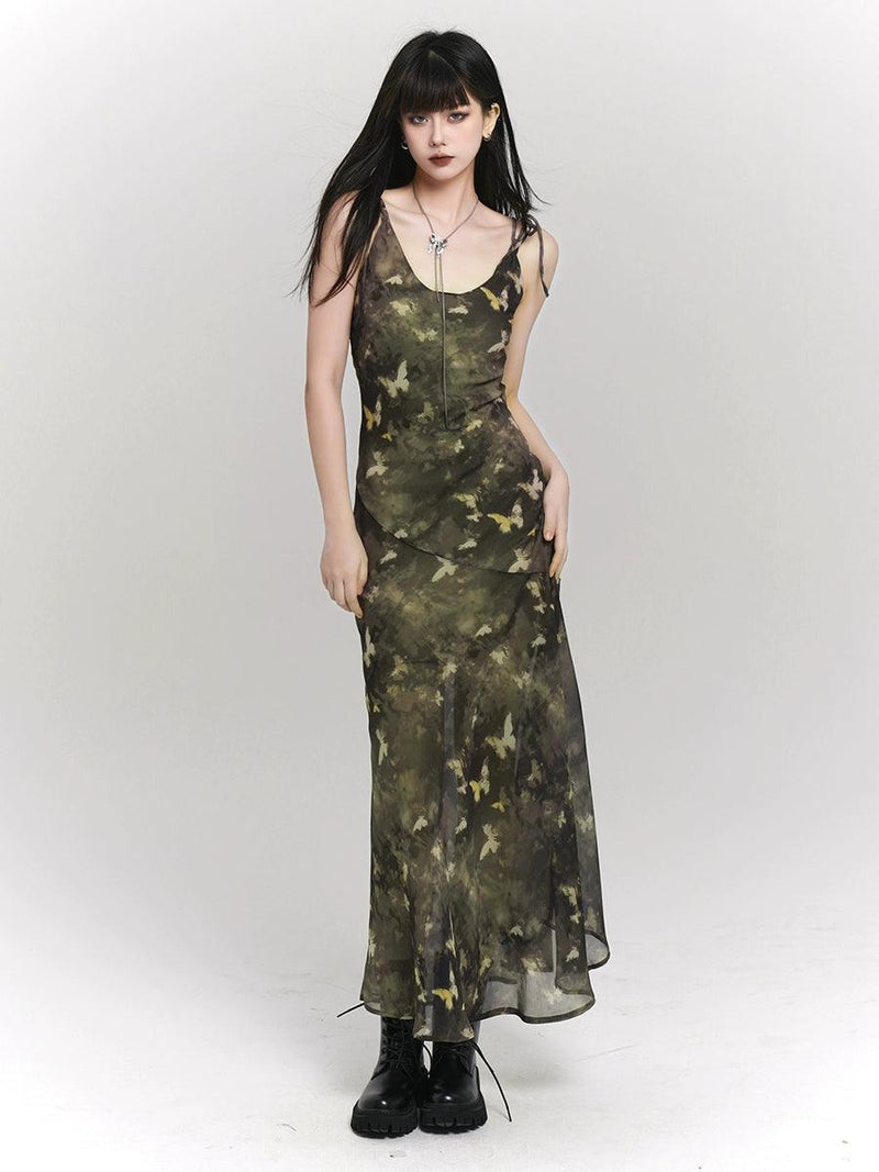 Ladyghost Woodland Whisper Maxi Dress - Camo-inspired Butterfly Print Slip Dress