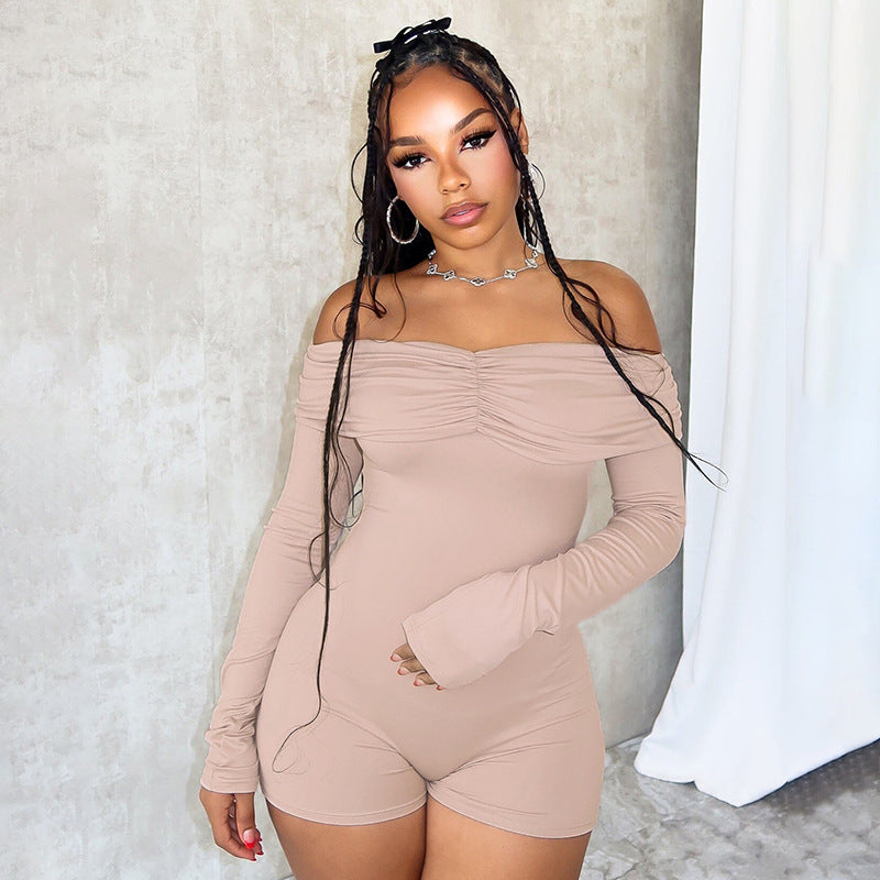 Clothing Off Shoulder Pleating Long Sleeve Tight High Waist Romper