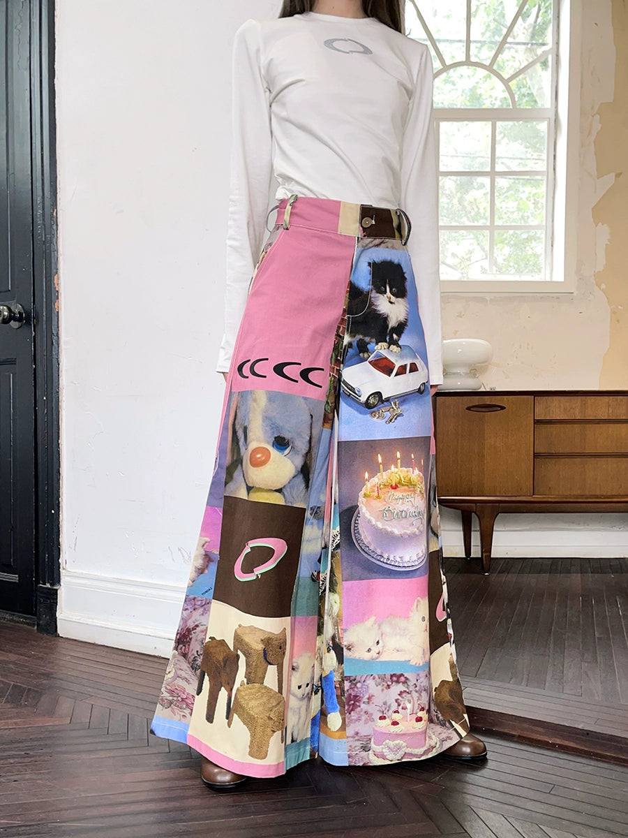 Cat Print Cake Birthday Wide-leg Pants
