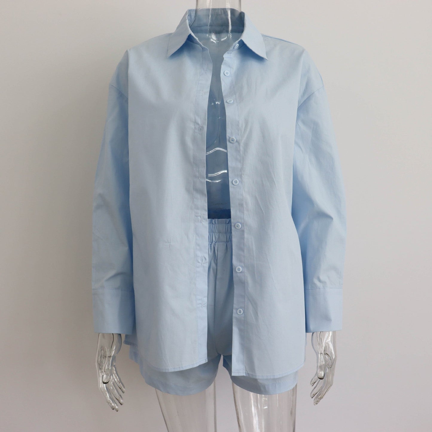 Spring Summer Two Piece Set Color Single Breasted Long Sleeve Collared Shirt Shorts Loose Set