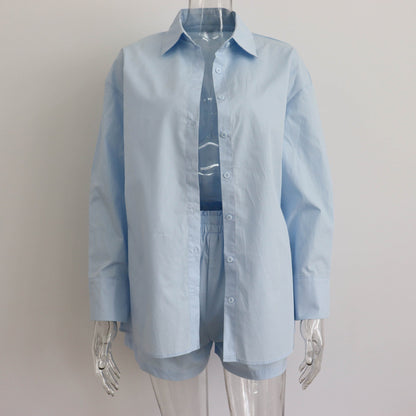 Spring Summer Two Piece Set Color Single Breasted Long Sleeve Collared Shirt Shorts Loose Set