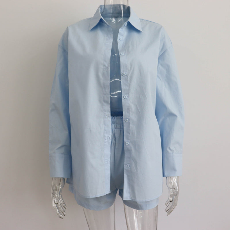 Spring Summer Two Piece Set Color Single Breasted Long Sleeve Collared Shirt Shorts Loose Set