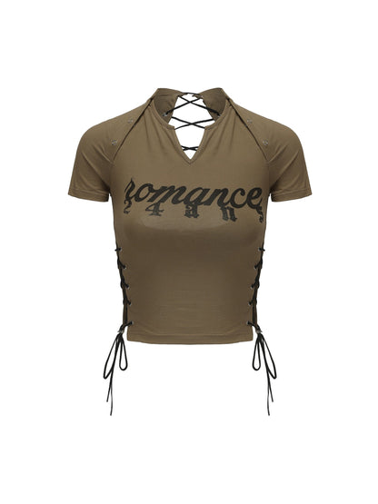 24ans Lace-up Graphic Crop Top - Short Sleeve Side-tie T-shirt