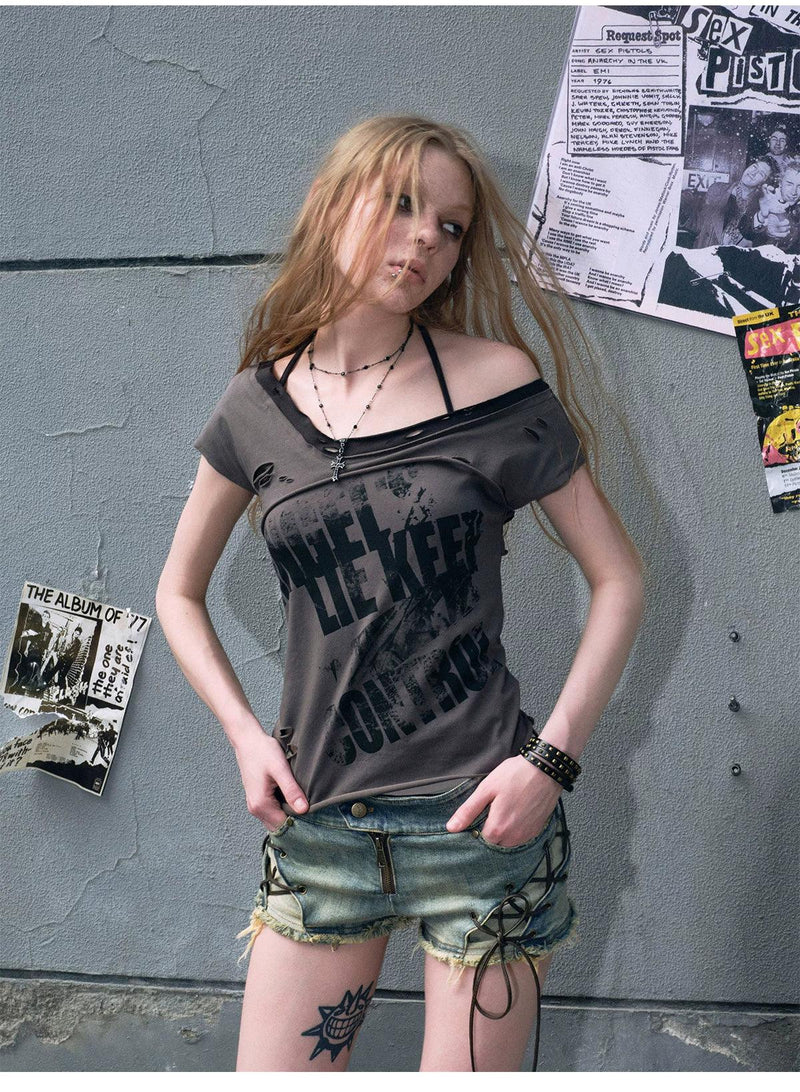 Cest Nous Distressed Graphic Off-shoulder Top - Tie-back T-shirt With Asymmetric Hem