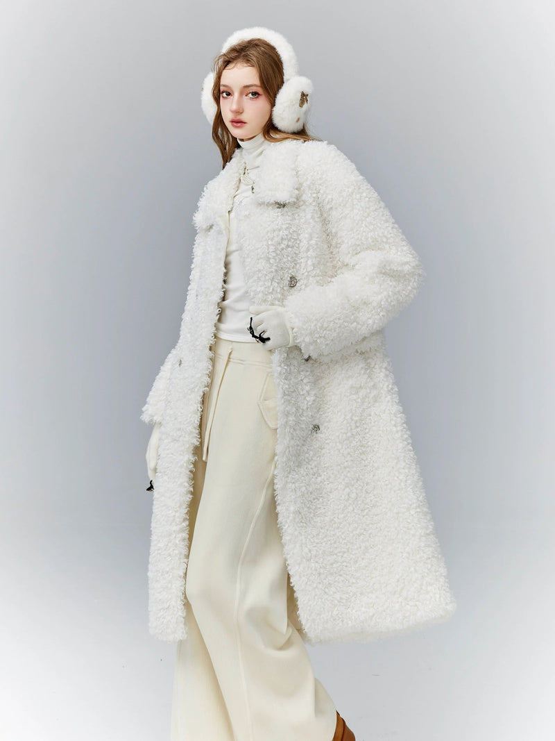 Luxurious White Teddy Bear Coat: Double-breasted Faux Fur Longline Outerwear