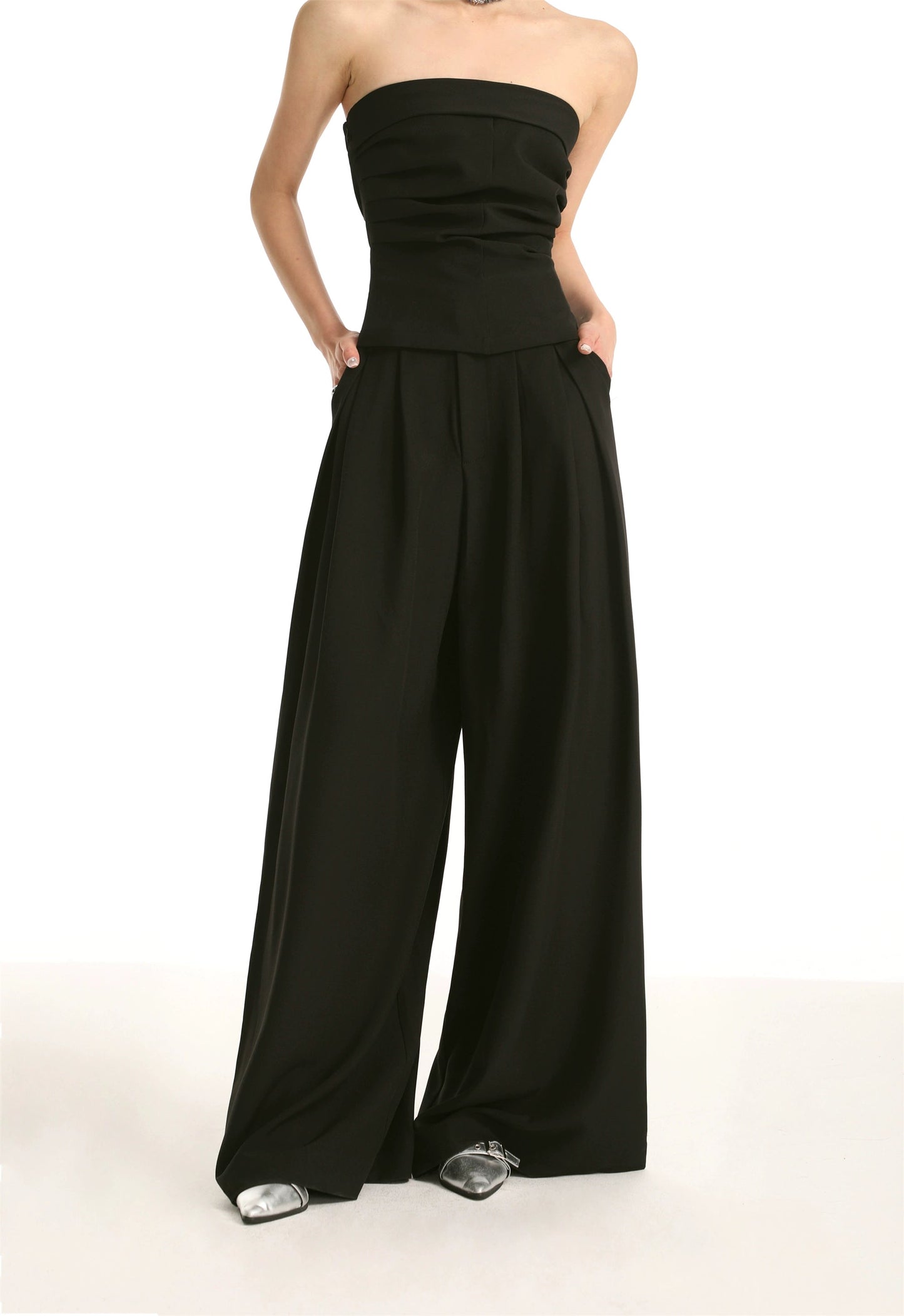 Black High-waisted Straight Cut Wide-leg Pants Set