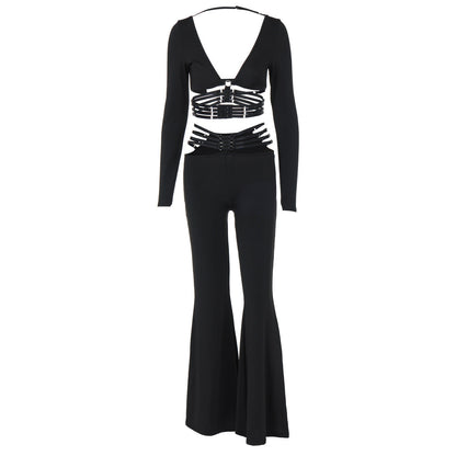 Clothing Autumn V Neck Long Sleeve Top Slim Fit Lace Up Wide Leg Pants Set
