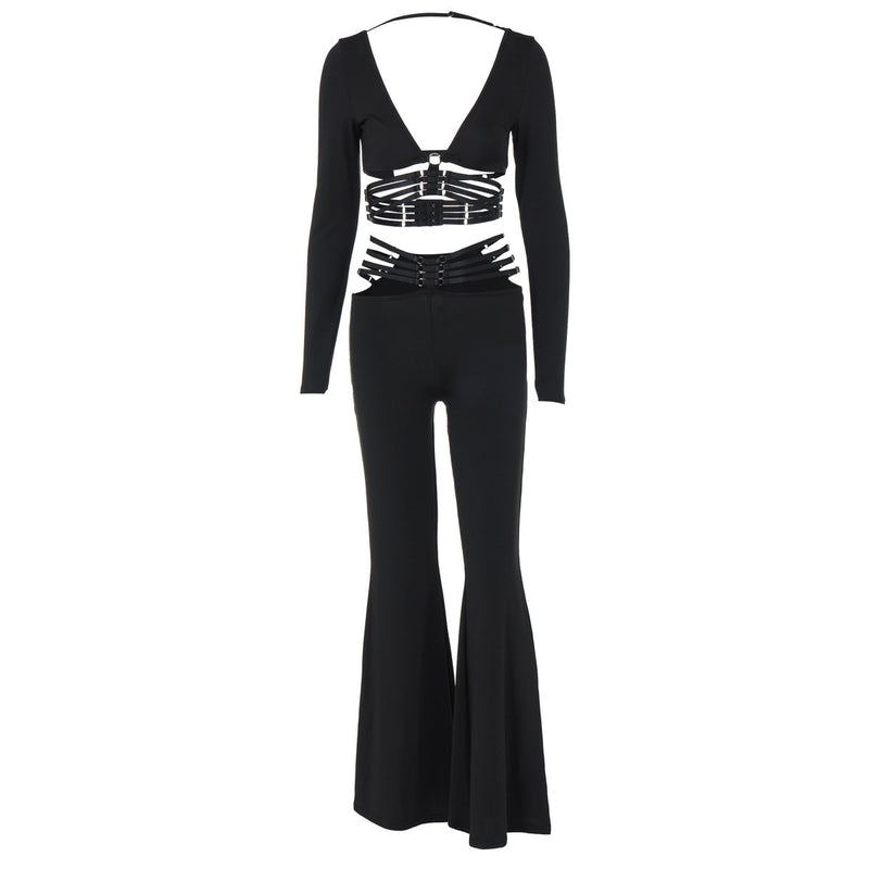 Clothing Autumn V Neck Long Sleeve Top Slim Fit Lace Up Wide Leg Pants Set