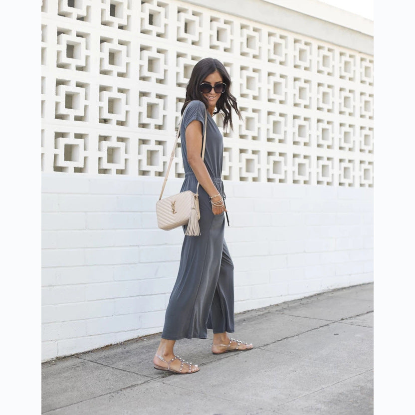 Spring Summer Elastic Waist V Neck Wide Leg Jumpsuit for