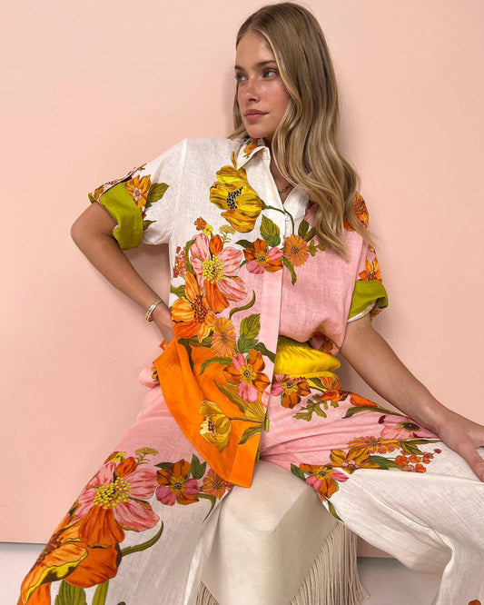 Printed Cotton Linen Two-piece Suit Outfit Top Wide Leg Pants Amplified Craft
