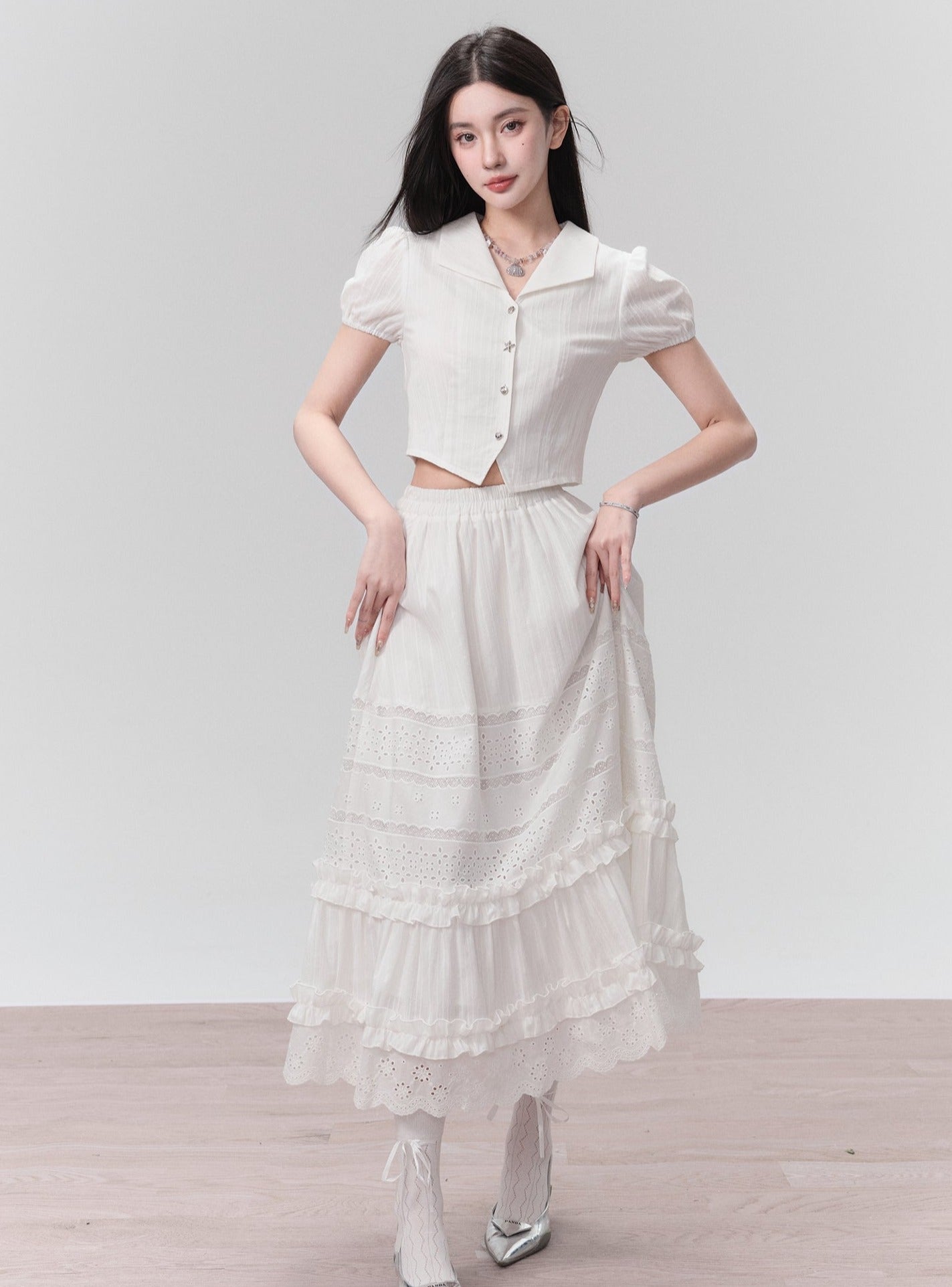 Ethereal Elegance Two-piece Set: Puff Sleeve Crop Blouse & Tiered Lace Midi Skirt - Pure White