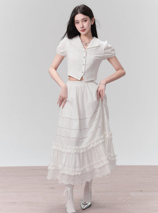 Ethereal Elegance Two-piece Set: Puff Sleeve Crop Blouse & Tiered Lace Midi Skirt - Pure White