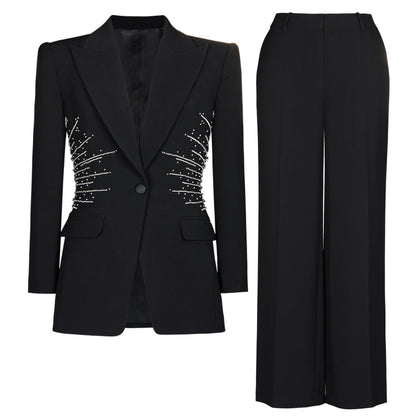 Autumn Winter Internet Beaded Two Piece Set Work Pant Sets