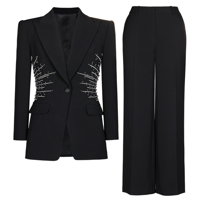 Autumn Winter Internet Beaded Two Piece Set Work Pant Sets