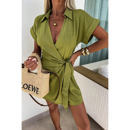 Spring Summer Lace Up Turn Down Collar Jumpsuit Loose Vacation Jumpsuit