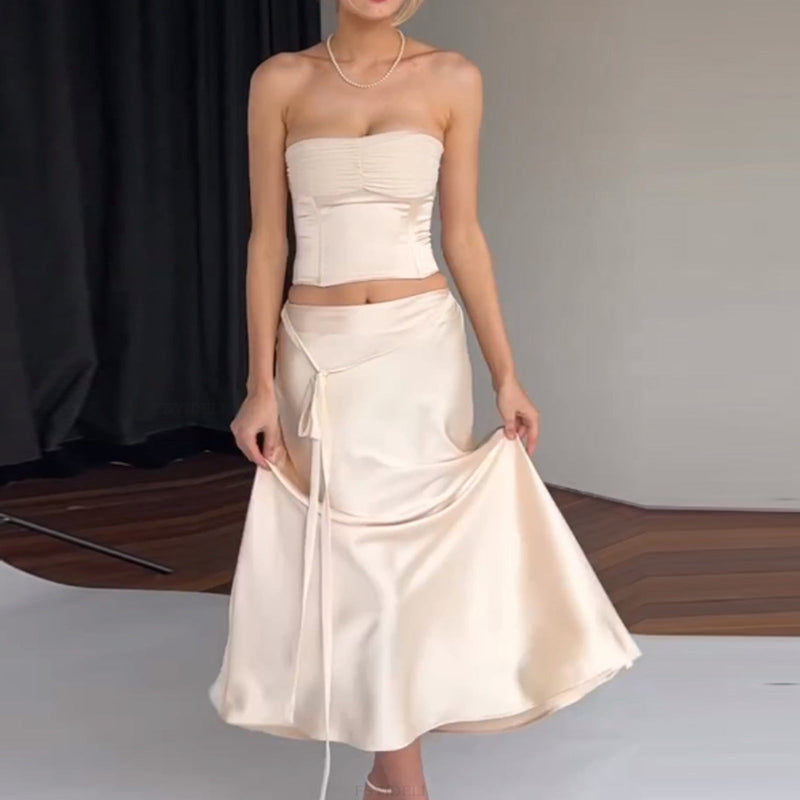Summer Satin Maxi Dress Tube Top Color Backless Lace Up Skirt Set