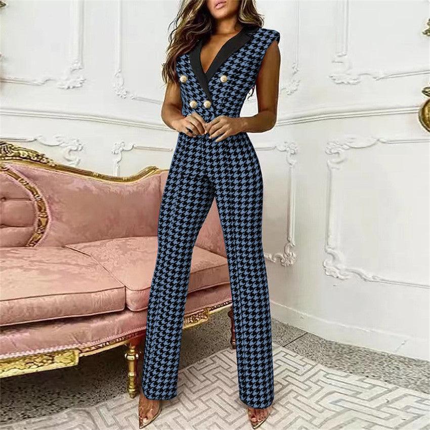 Spring Summer Clothing Color Matching Button V-neck Sleeveless Houndstooth Jumpsuit Business Wear for