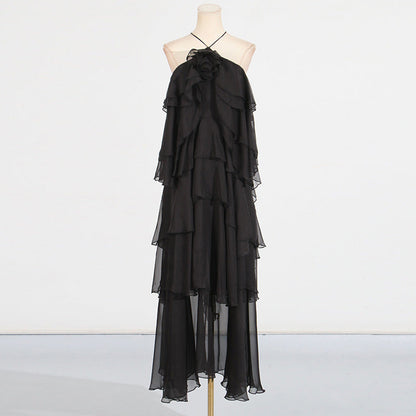 Lady Patchwork Ruffled Maxi Dress Early Spring Halter Backless Design Maxi Dress