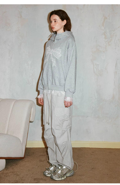 Diddi Moda Bow Print Hoodie - Gray Zip-up Sweatshirt With Lace Trim and Graphic Design