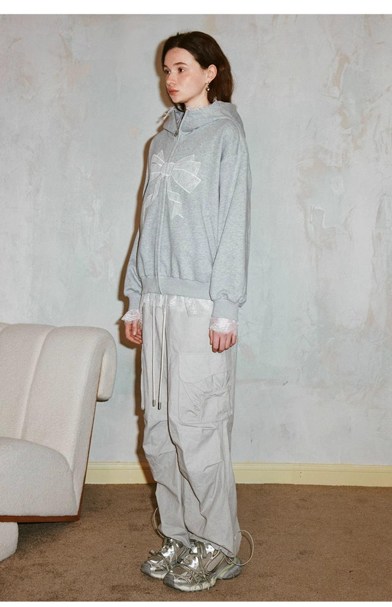 Diddi Moda Bow Print Hoodie - Gray Zip-up Sweatshirt With Lace Trim and Graphic Design