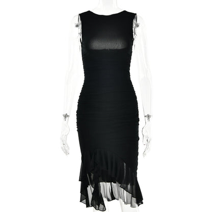 Spring Summer Round Neck Sleeveless Dress Tight Backless Pleated Midi Dress
