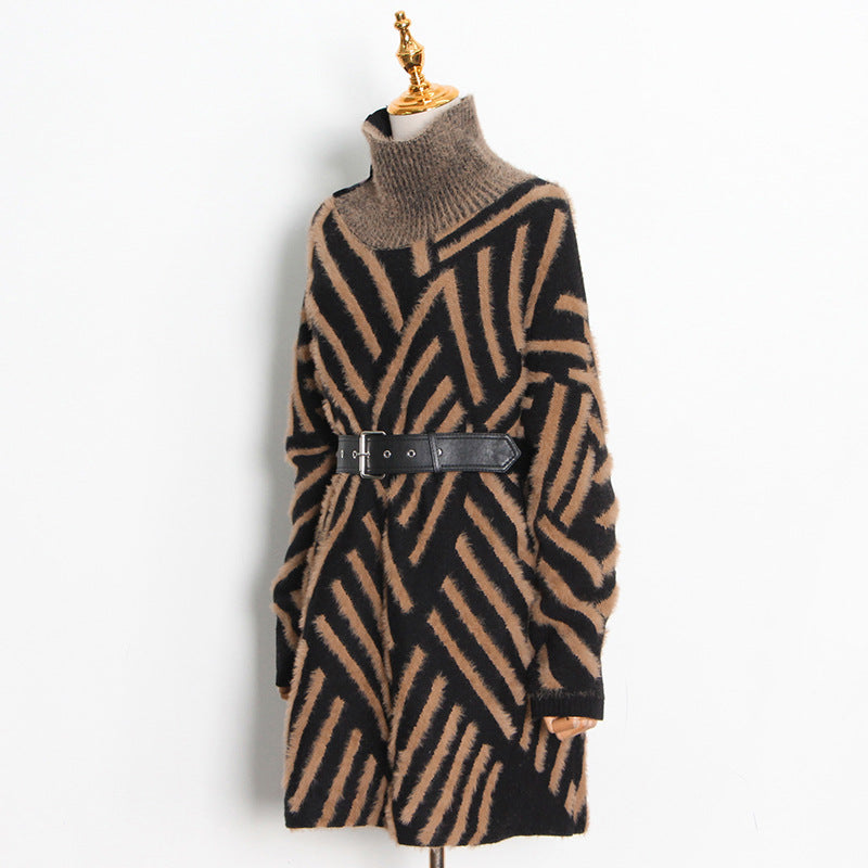 Loose Knitted Dress Winter Stand Collar Oblique Buckle Long Sleeve Mink Hair Sweater With Belt