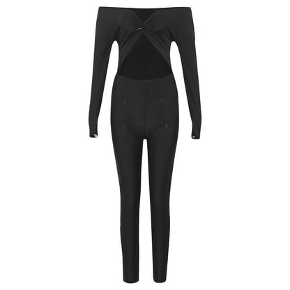 Autumn Color V Neck Twist Hollow Out Cutout Cropped High Waist Long Sleeve Jumpsuit