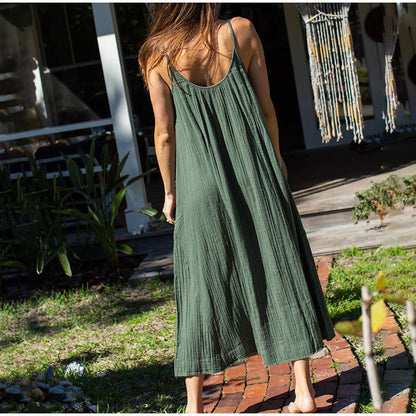 Cotton Cami Dress Summer Vacation Maxi Dress Loose Color Backless Double Layer Gauze Sleeveless Dress