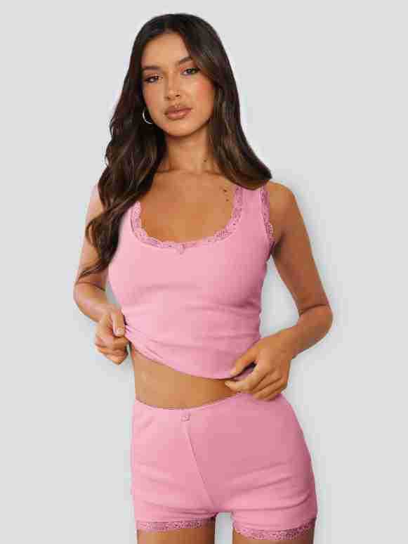 Lace Stitching Home Two Piece Slim Fit Sling High Waist Shorts Multi Color Suit