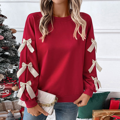 Autumn Winter Top Round Neck Bowknot Red Christmas Sweatshirt for