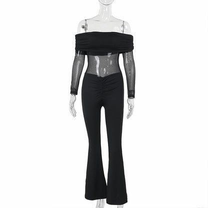 Fall Street Mesh Stitching Off Shoulder Long Sleeve Jumpsuit