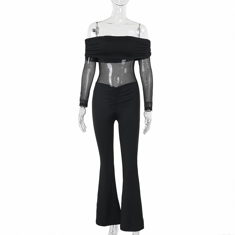 Fall Street Mesh Stitching Off Shoulder Long Sleeve Jumpsuit